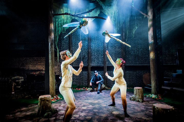 In a theatre with a bare brick wall, two performers move with dragonfly puppets above their heads, amongst forest scenery lit from above