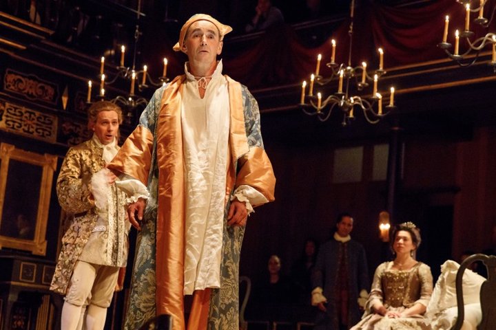 Mark Rylance on stage as King Philippe V in Farinelli and the King