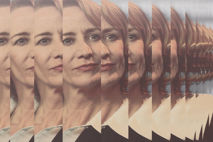 A spliced, slightly faded image of an actress's face, overlaid multiple times.