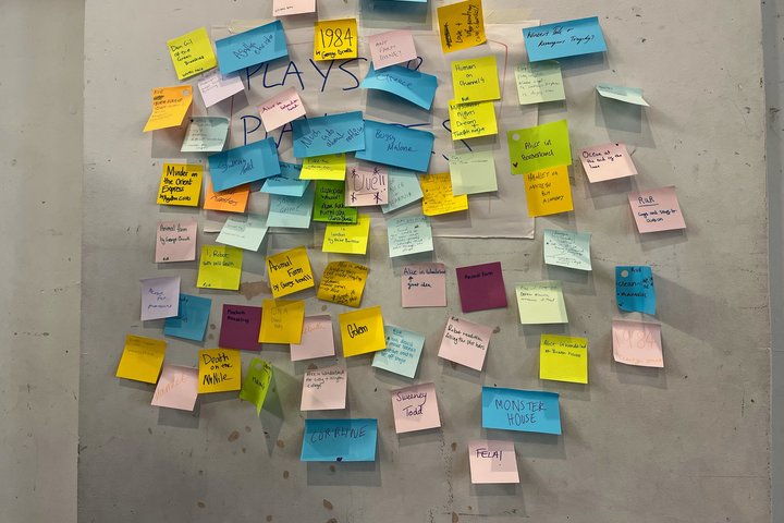 Brightly coloured post-it notes featuring names of plays are stuck to a grey wall