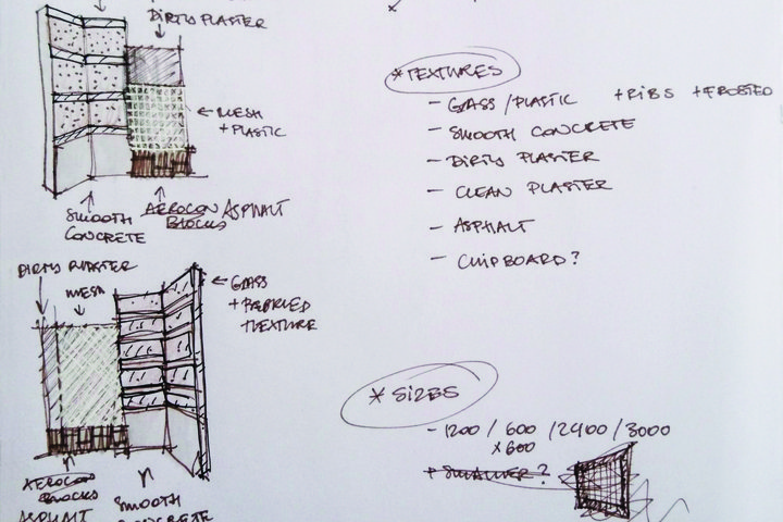 Hand drawn designs of scenic art for RADA's production of Cathy including notes on materials and textures