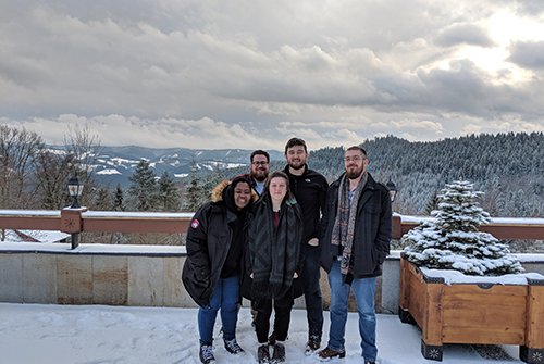 theatre production students and staff in the snow in the Czech Republic to visit the ROBE factory